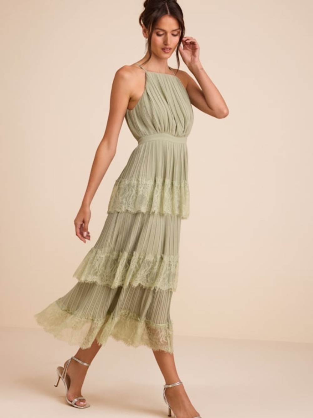 Lulus Came For Cocktails Sage Green Pleated Tiered Lace Maxi Dress - Size M